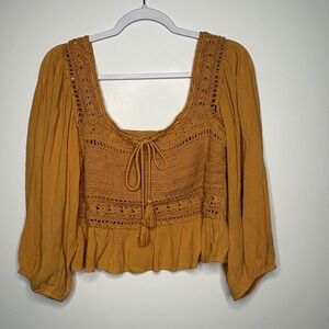 AE Boho Mustard Crochet Lace Tassel Peasant Crop Top Retro 70s Festival Blouse M